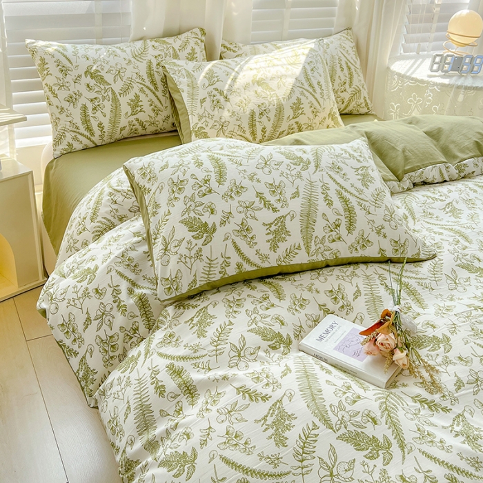 91家纺网 家纺一手货源 找家纺 暖芯优选 2023直播新款法式风双层纱棉麻水洗棉四件套 花季-绿