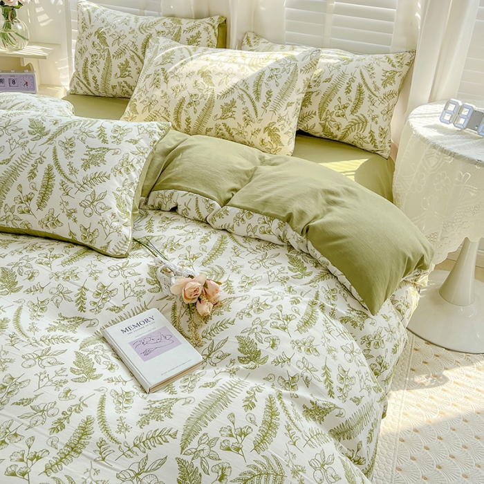 91家纺网 家纺一手货源 找家纺 暖芯优选 2023直播新款法式风双层纱棉麻水洗棉四件套 花季-绿