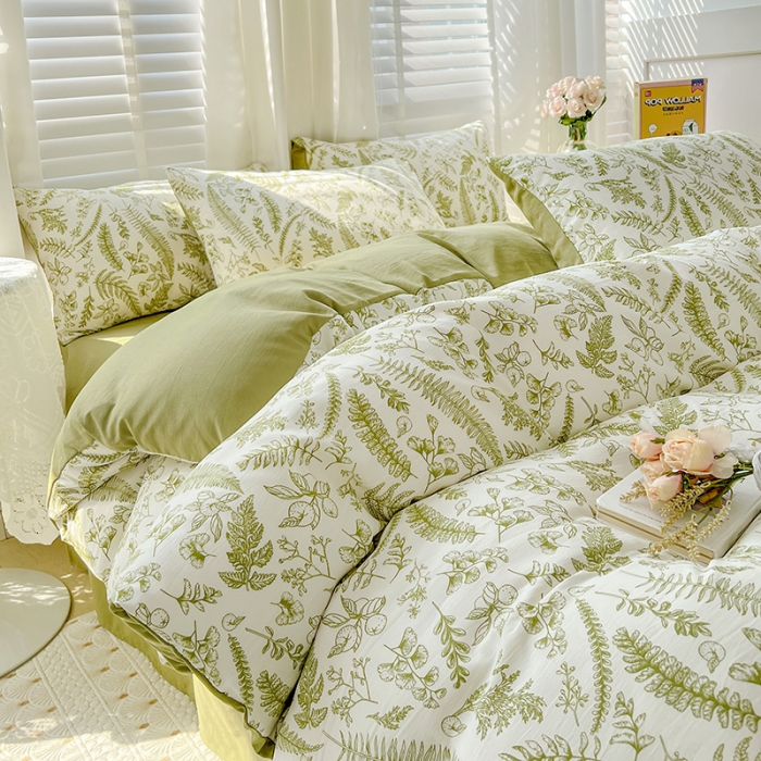 91家纺网 家纺一手货源 找家纺 暖芯优选 2023直播新款法式风双层纱棉麻水洗棉四件套 花季-绿