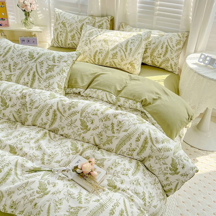 91家纺网 家纺一手货源 找家纺 暖芯优选 2023直播新款法式风双层纱棉麻水洗棉四件套 花季-绿