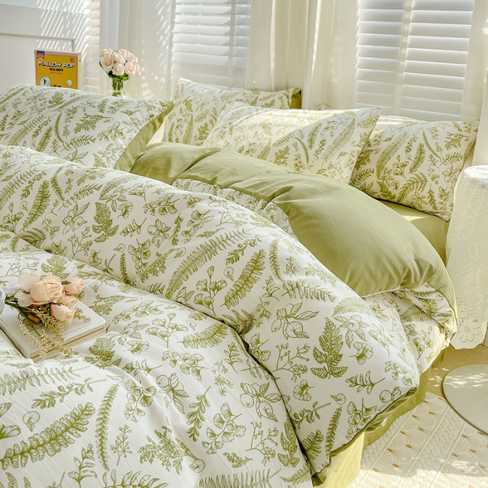 91家纺网 家纺一手货源 找家纺 暖芯优选 2023直播新款法式风双层纱棉麻水洗棉四件套 花季-绿