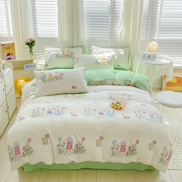 91家纺网 家纺一手货源 找家纺 暖芯优选 2023直播新款法式风双层纱棉麻水洗棉四件套 花园兔