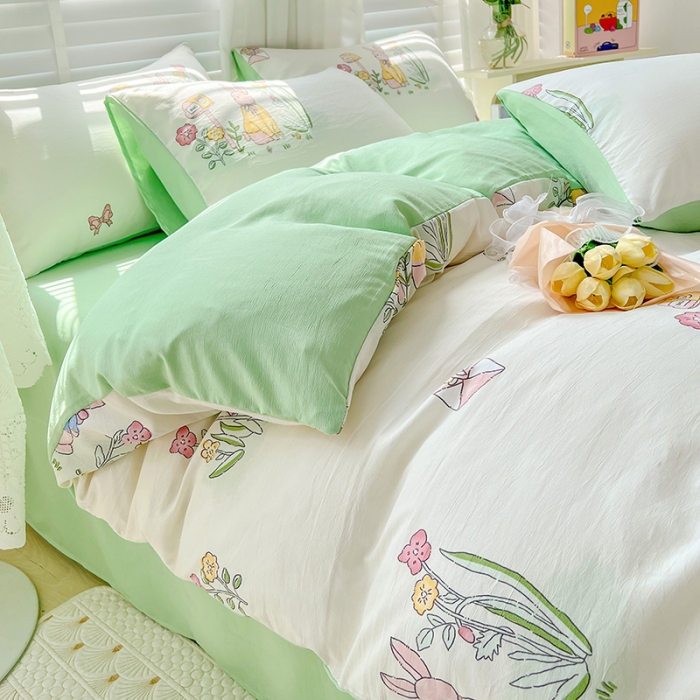 91家纺网 家纺一手货源 找家纺 暖芯优选 2023直播新款法式风双层纱棉麻水洗棉四件套 花园兔