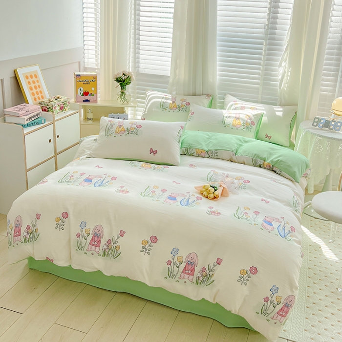 91家纺网 家纺一手货源 找家纺 暖芯优选 2023直播新款法式风双层纱棉麻水洗棉四件套 花园兔