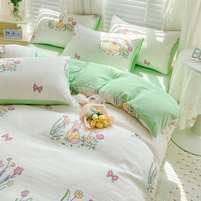 91家纺网 家纺一手货源 找家纺 暖芯优选 2023直播新款法式风双层纱棉麻水洗棉四件套 花园兔