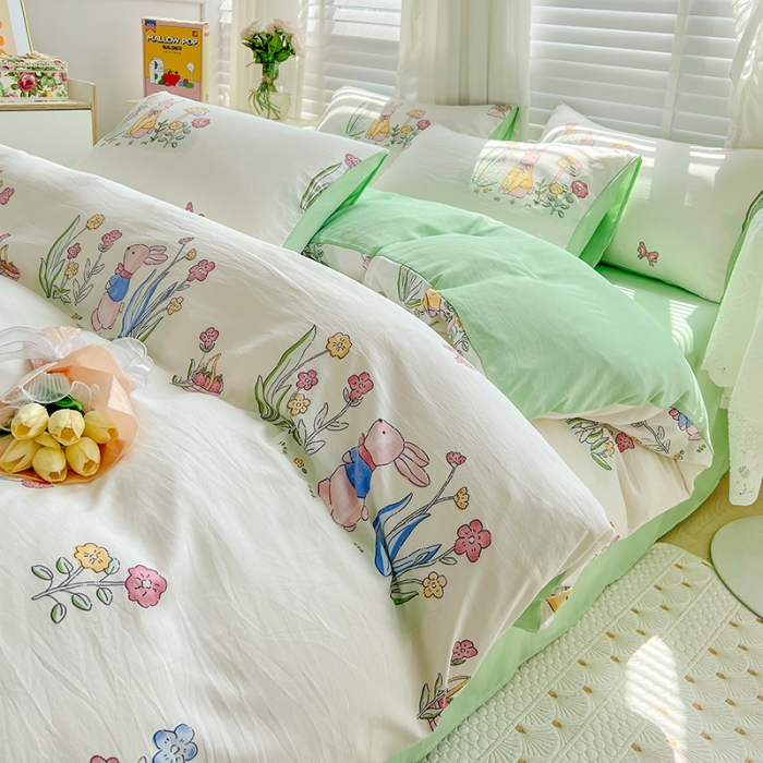 91家纺网 家纺一手货源 找家纺 暖芯优选 2023直播新款法式风双层纱棉麻水洗棉四件套 花园兔