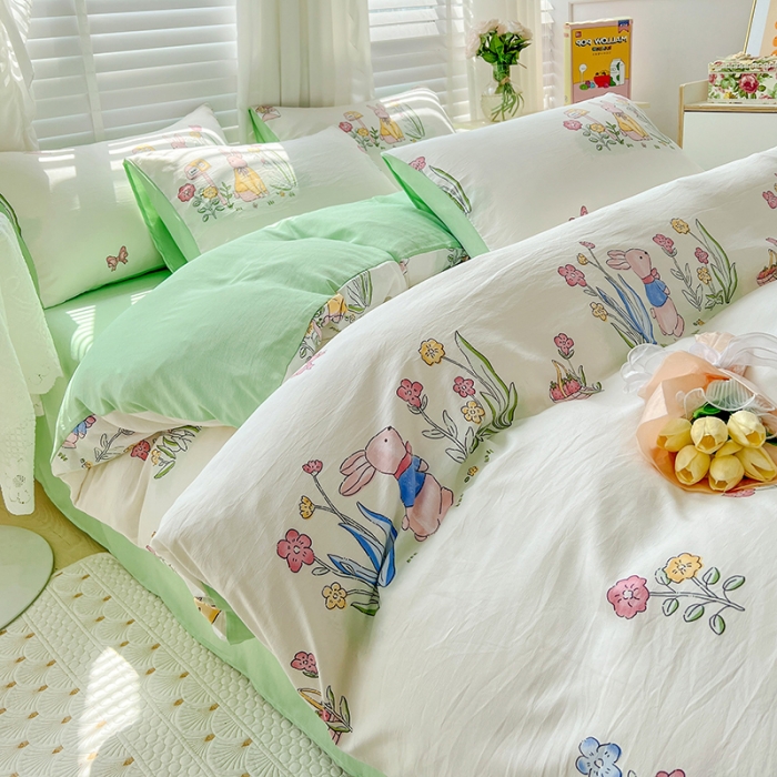 91家纺网 家纺一手货源 找家纺 暖芯优选 2023直播新款法式风双层纱棉麻水洗棉四件套 花园兔