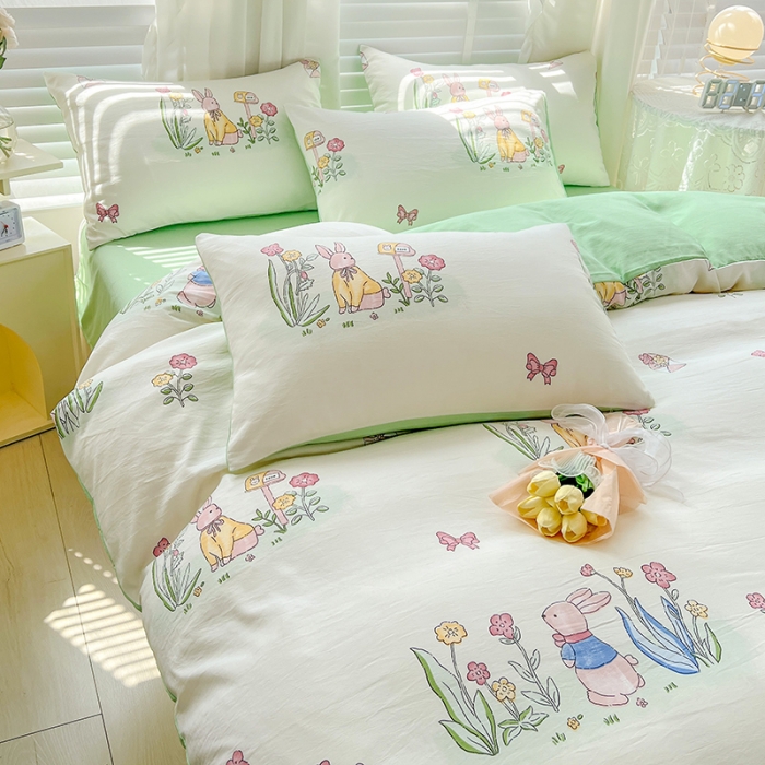 91家纺网 家纺一手货源 找家纺 暖芯优选 2023直播新款法式风双层纱棉麻水洗棉四件套 花园兔