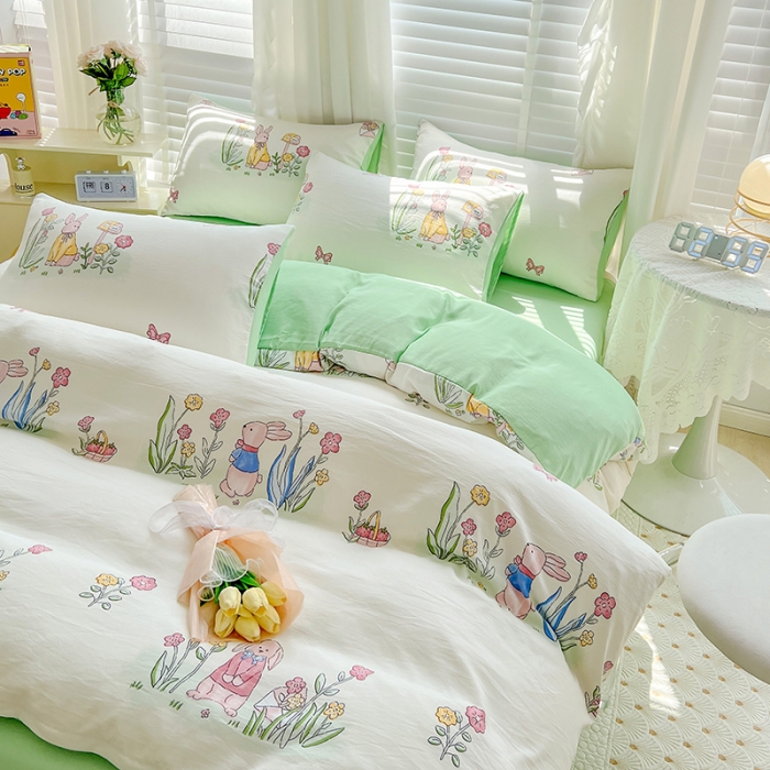 91家纺网 家纺一手货源 找家纺 暖芯优选 2023直播新款法式风双层纱棉麻水洗棉四件套 花园兔