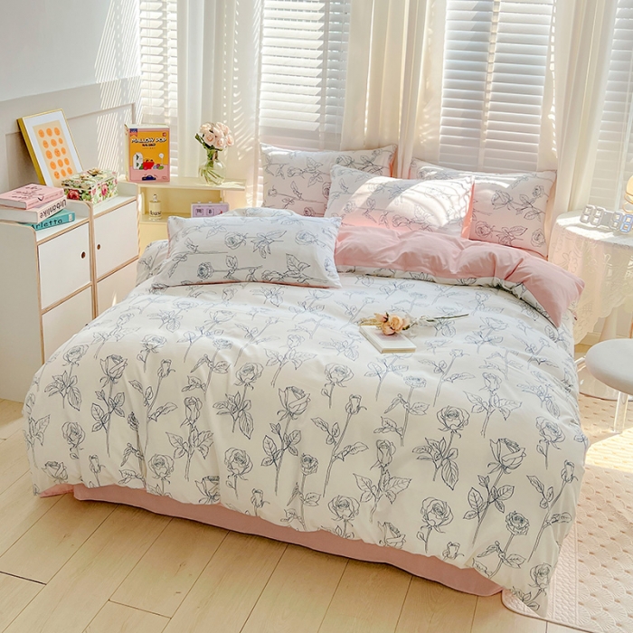 91家纺网 家纺一手货源 找家纺 暖芯优选 2023直播新款法式风双层纱棉麻水洗棉四件套 兰玫瑰