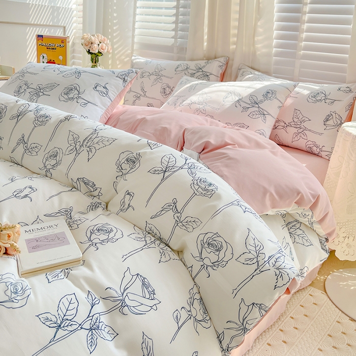 91家纺网 家纺一手货源 找家纺 暖芯优选 2023直播新款法式风双层纱棉麻水洗棉四件套 兰玫瑰