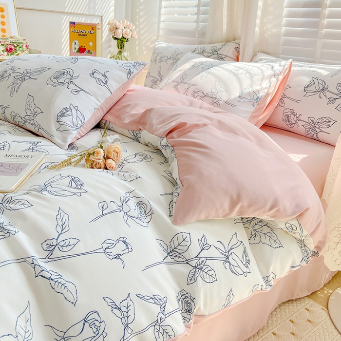 91家纺网 家纺一手货源 找家纺 暖芯优选 2023直播新款法式风双层纱棉麻水洗棉四件套 兰玫瑰