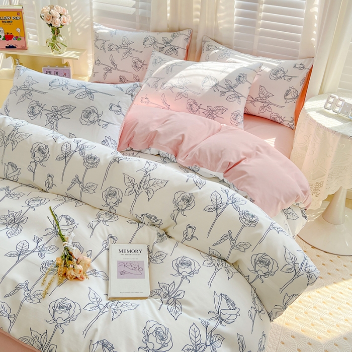 91家纺网 家纺一手货源 找家纺 暖芯优选 2023直播新款法式风双层纱棉麻水洗棉四件套 兰玫瑰