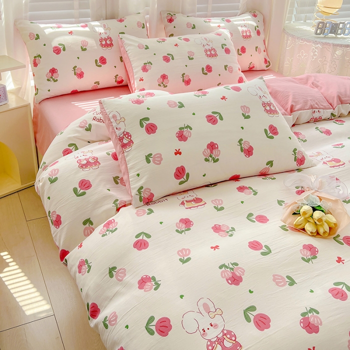 91家纺网 家纺一手货源 找家纺 暖芯优选 2023直播新款法式风双层纱棉麻水洗棉四件套 曼塔玫瑰