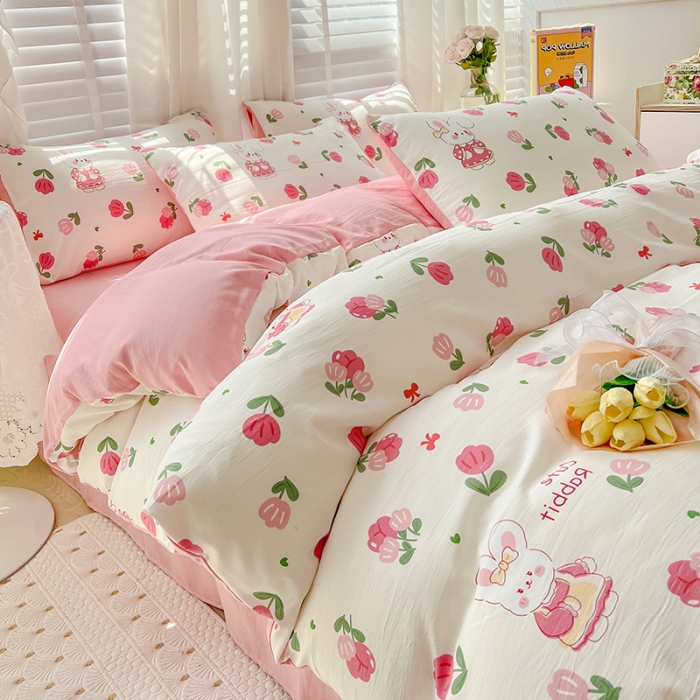 91家纺网 家纺一手货源 找家纺 暖芯优选 2023直播新款法式风双层纱棉麻水洗棉四件套 曼塔玫瑰