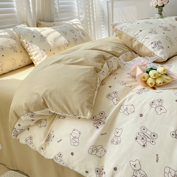 91家纺网 家纺一手货源 找家纺 暖芯优选 2023直播新款法式风双层纱棉麻水洗棉四件套 小熊院长