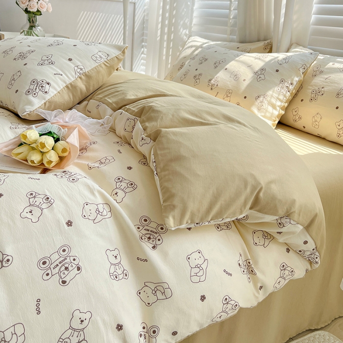 91家纺网 家纺一手货源 找家纺 暖芯优选 2023直播新款法式风双层纱棉麻水洗棉四件套 小熊院长