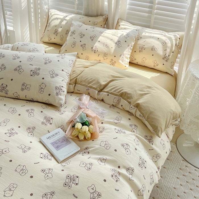 91家纺网 家纺一手货源 找家纺 暖芯优选 2023直播新款法式风双层纱棉麻水洗棉四件套 小熊院长