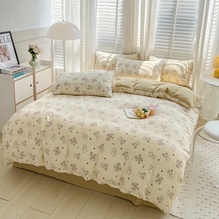 91家纺网 家纺一手货源 找家纺 暖芯优选 2023直播新款法式风双层纱棉麻水洗棉四件套 小熊院长