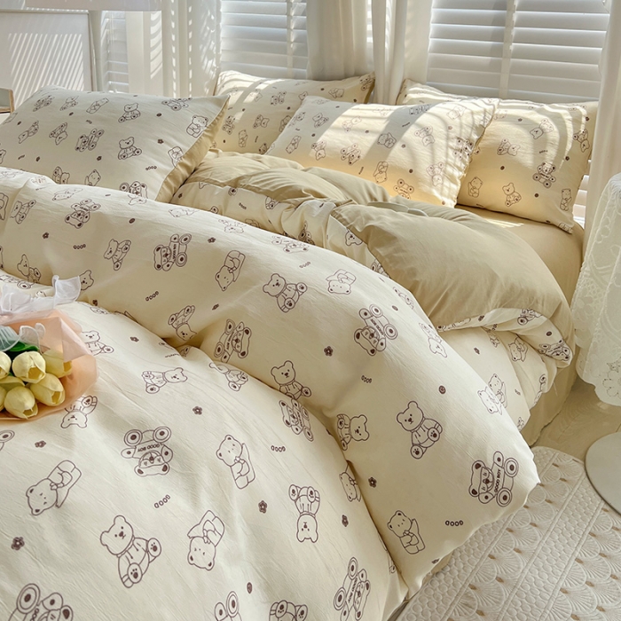 91家纺网 家纺一手货源 找家纺 暖芯优选 2023直播新款法式风双层纱棉麻水洗棉四件套 小熊院长