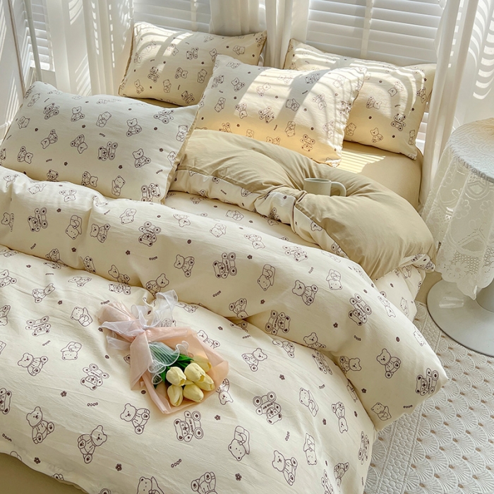 91家纺网 家纺一手货源 找家纺 暖芯优选 2023直播新款法式风双层纱棉麻水洗棉四件套 小熊院长