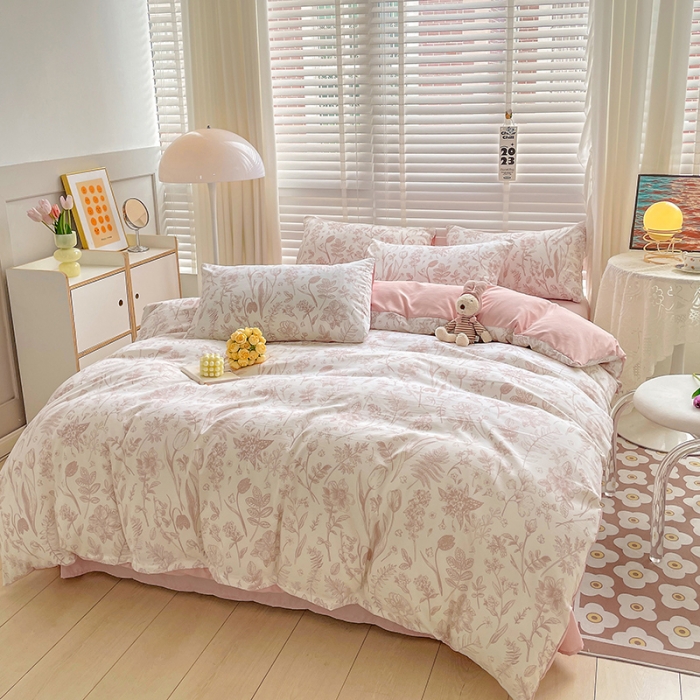 91家纺网 家纺一手货源 找家纺 暖芯优选 2023直播新款法式风双层纱棉麻水洗棉四件套 曼芮粉