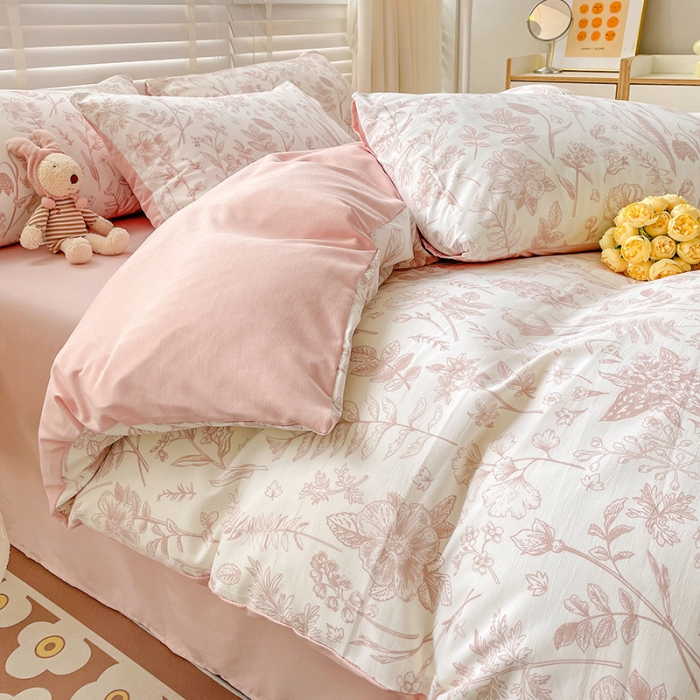 91家纺网 家纺一手货源 找家纺 暖芯优选 2023直播新款法式风双层纱棉麻水洗棉四件套 曼芮粉