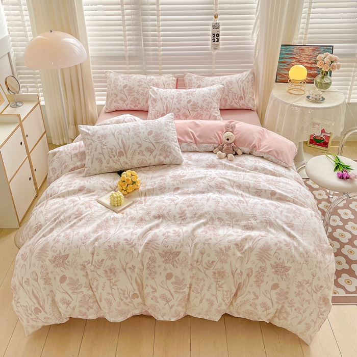 91家纺网 家纺一手货源 找家纺 暖芯优选 2023直播新款法式风双层纱棉麻水洗棉四件套 曼芮粉