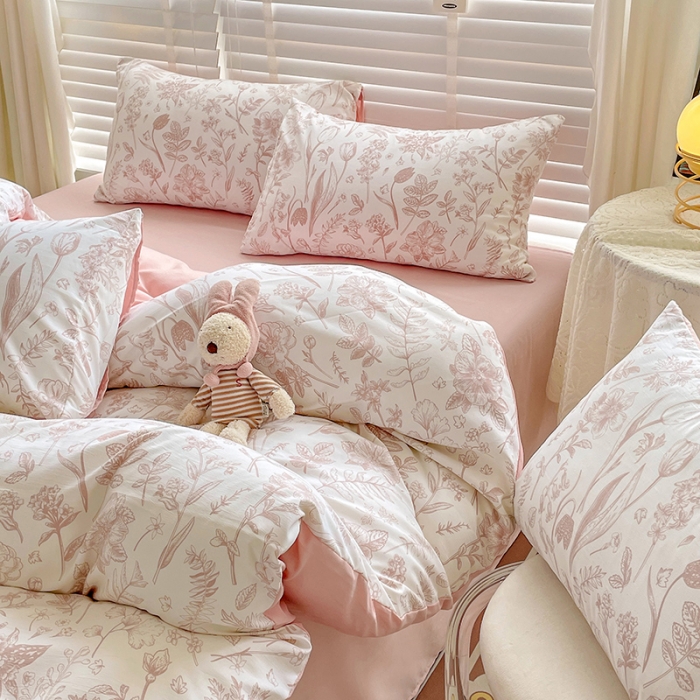 91家纺网 家纺一手货源 找家纺 暖芯优选 2023直播新款法式风双层纱棉麻水洗棉四件套 曼芮粉