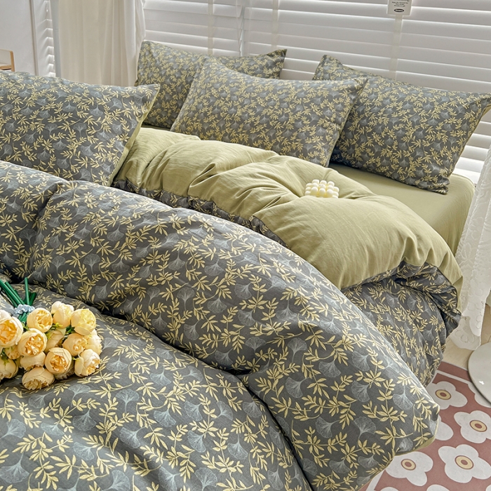 91家纺网 家纺一手货源 找家纺 暖芯优选 2023直播新款法式风双层纱棉麻水洗棉四件套 曲意风华