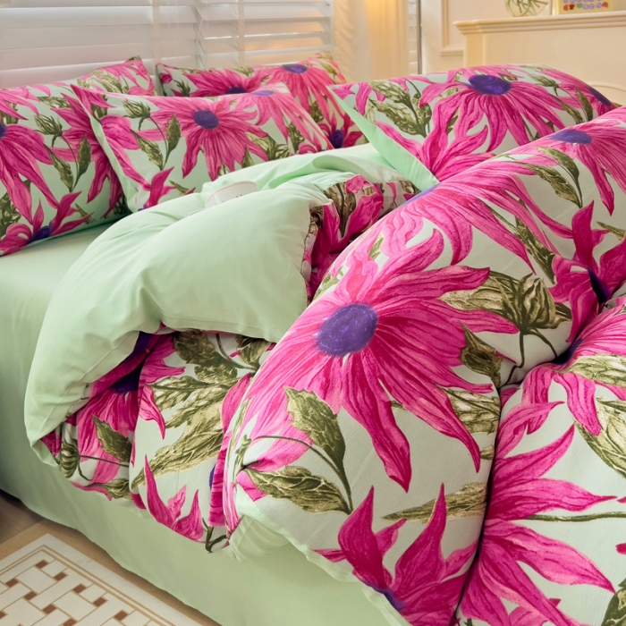 91家纺网 家纺一手货源 找家纺 暖芯优选 2023直播新款法式风双层纱棉麻水洗棉四件套 繁花似锦