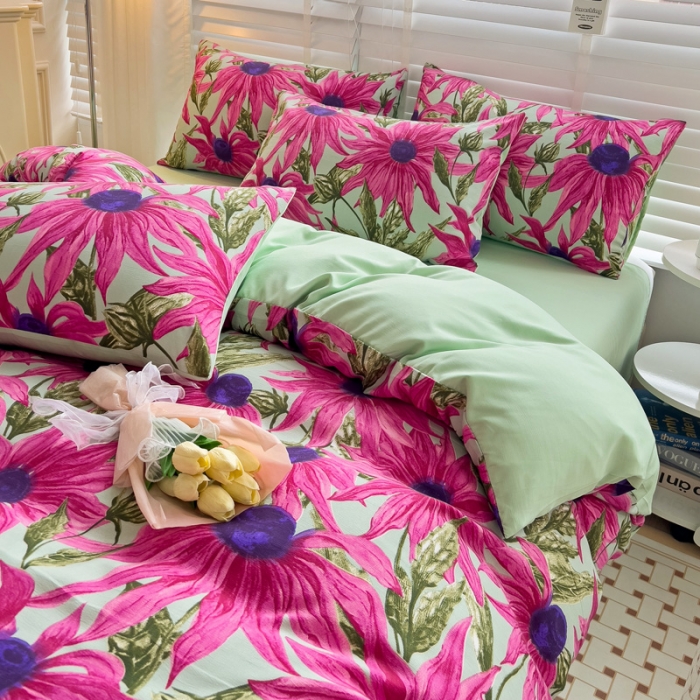 91家纺网 家纺一手货源 找家纺 暖芯优选 2023直播新款法式风双层纱棉麻水洗棉四件套 繁花似锦