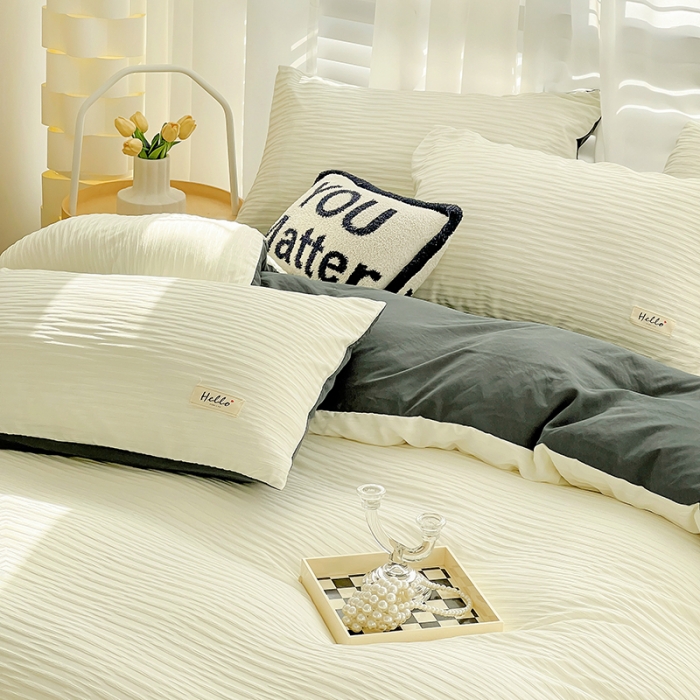 91家纺网 家纺一手货源 找家纺 暖芯优选 2023新款韩版泡泡纱水洗棉拼色床单床笠四件套 米白灰