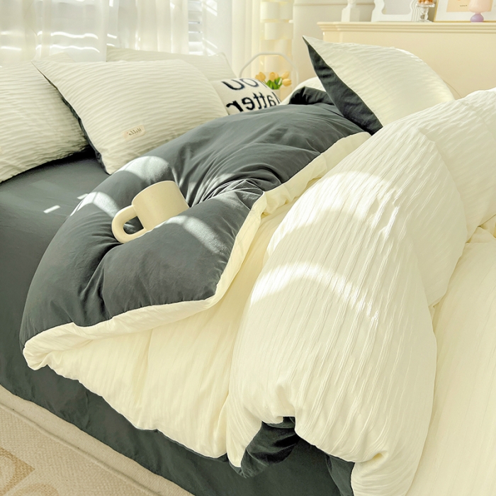 91家纺网 家纺一手货源 找家纺 暖芯优选 2023新款韩版泡泡纱水洗棉拼色床单床笠四件套 米白灰