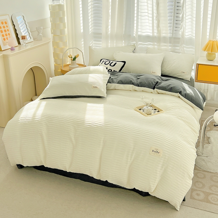 91家纺网 家纺一手货源 找家纺 暖芯优选 2023新款韩版泡泡纱水洗棉拼色床单床笠四件套 米白灰