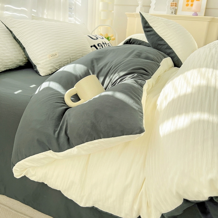 91家纺网 家纺一手货源 找家纺 暖芯优选 2023新款韩版泡泡纱水洗棉拼色床单床笠四件套 米白灰