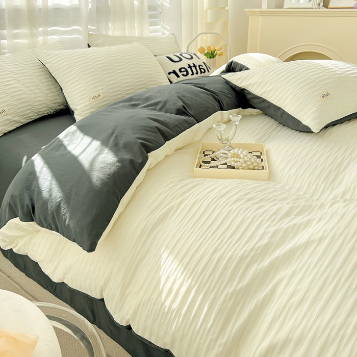 91家纺网 家纺一手货源 找家纺 暖芯优选 2023新款韩版泡泡纱水洗棉拼色床单床笠四件套 米白灰