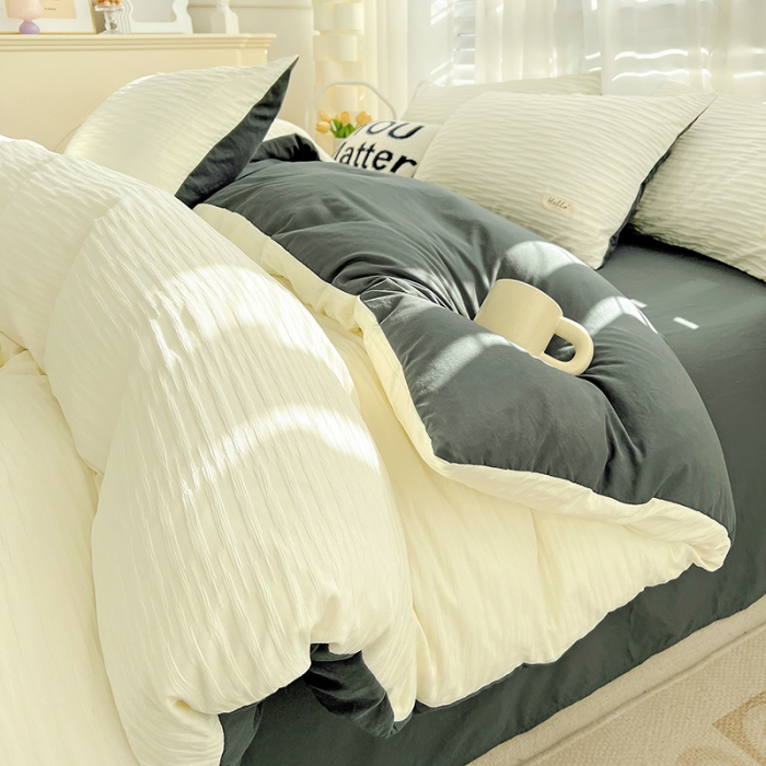 91家纺网 家纺一手货源 找家纺 暖芯优选 2023新款韩版泡泡纱水洗棉拼色床单床笠四件套 米白灰