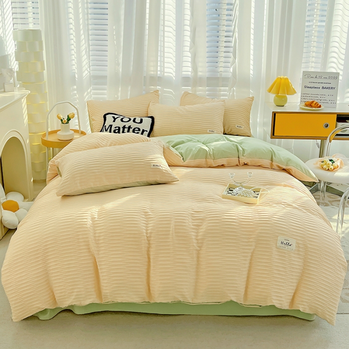 91家纺网 家纺一手货源 找家纺 暖芯优选 2023新款韩版泡泡纱水洗棉拼色床单床笠四件套 粉清绿