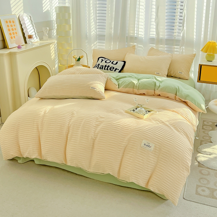 91家纺网 家纺一手货源 找家纺 暖芯优选 2023新款韩版泡泡纱水洗棉拼色床单床笠四件套 粉清绿