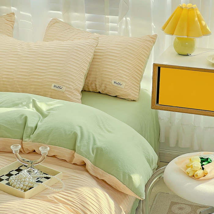 91家纺网 家纺一手货源 找家纺 暖芯优选 2023新款韩版泡泡纱水洗棉拼色床单床笠四件套 粉清绿