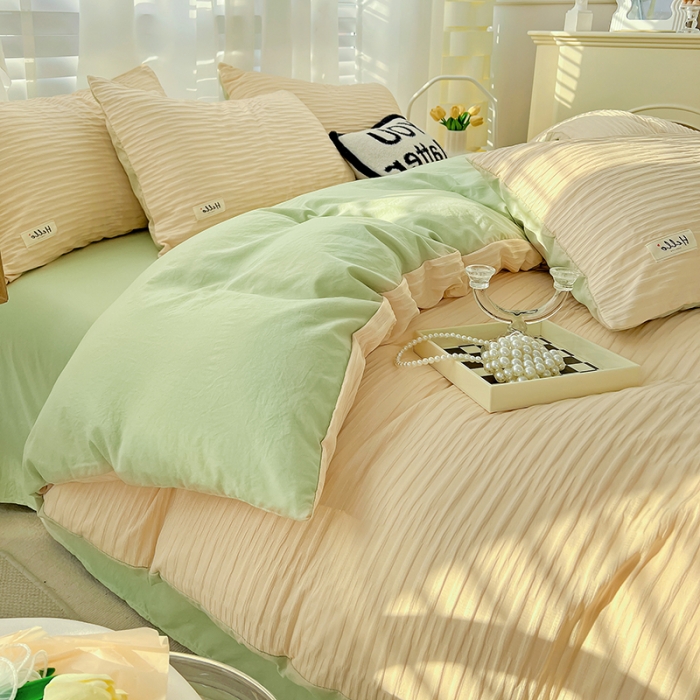 91家纺网 家纺一手货源 找家纺 暖芯优选 2023新款韩版泡泡纱水洗棉拼色床单床笠四件套 粉清绿