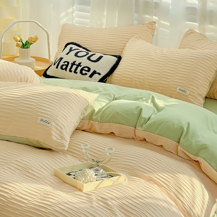 91家纺网 家纺一手货源 找家纺 暖芯优选 2023新款韩版泡泡纱水洗棉拼色床单床笠四件套 粉清绿