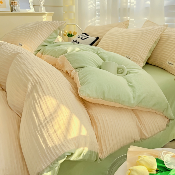 91家纺网 家纺一手货源 找家纺 暖芯优选 2023新款韩版泡泡纱水洗棉拼色床单床笠四件套 粉清绿