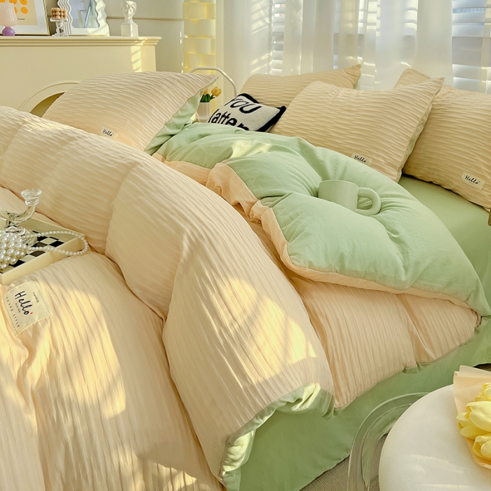 91家纺网 家纺一手货源 找家纺 暖芯优选 2023新款韩版泡泡纱水洗棉拼色床单床笠四件套 粉清绿