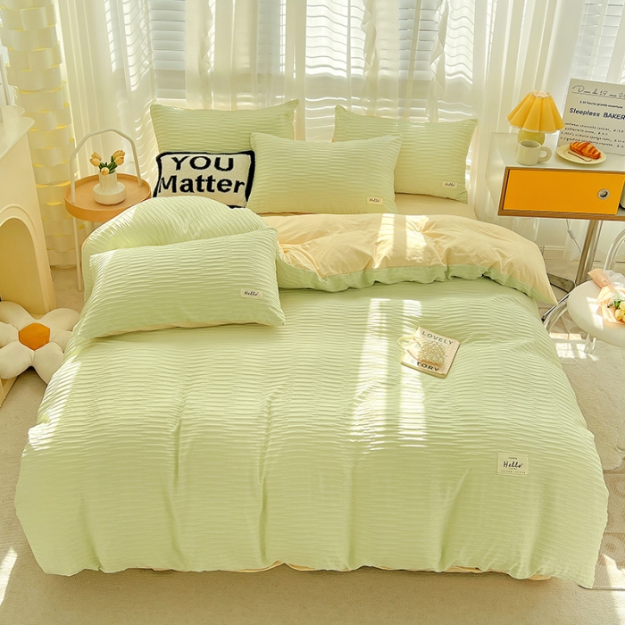 91家纺网 家纺一手货源 找家纺 暖芯优选 2023新款韩版泡泡纱水洗棉拼色床单床笠四件套 芥末绿