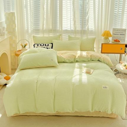 暖芯优选 2023新款韩版泡泡纱水洗棉拼色床单床笠四件套 芥末绿
