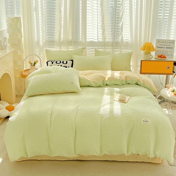 91家纺网 家纺一手货源 找家纺 暖芯优选 2023新款韩版泡泡纱水洗棉拼色床单床笠四件套 芥末绿