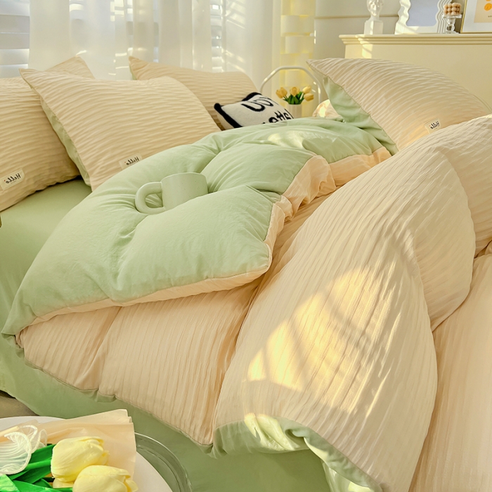 91家纺网 家纺一手货源 找家纺 暖芯优选 2023新款韩版泡泡纱水洗棉拼色床单床笠四件套 粉清绿