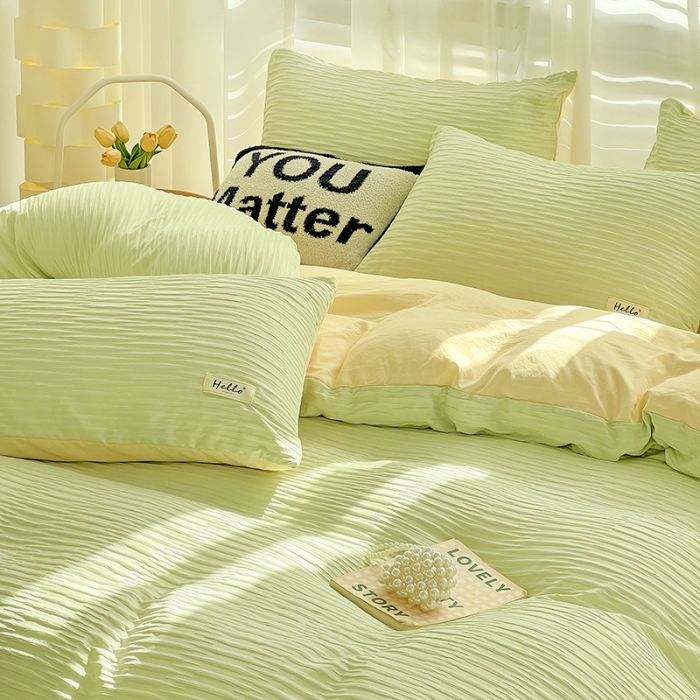 91家纺网 家纺一手货源 找家纺 暖芯优选 2023新款韩版泡泡纱水洗棉拼色床单床笠四件套 芥末绿